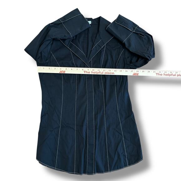 Lafayette 148 New York Black Contrast Stitch Button Front Blouse Women’s 0 XS - Picture 3 of 9